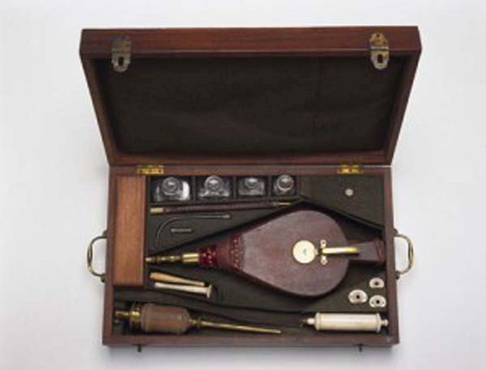 Tobacco Smoke Enema 1750s-1810s: This kit would be used to infuse tobacco smoke into a patients rectum. It was used primarily the resuscitation of drowning victims. The warmth of the smoke was thought to promote respiration.