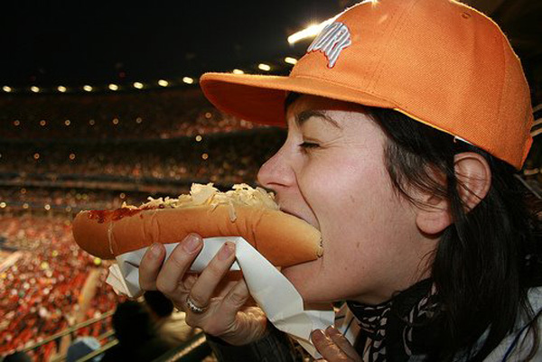 Baseball Stadium HotdogsThe short answer if you are hungry at a ballpark is dont order anything. The hotdogs might me edible after they are finished cooking the first time.  But after they are reheated over and over and over then refrigerated and heated the next day they tend to get a bit nasty. Stadium food is a real crap shoot.