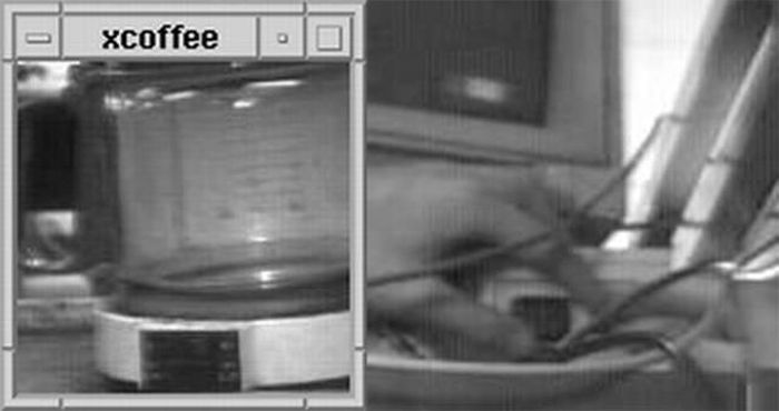 The first webcam in the world was made for coffee.In 1991, a group of Cambridge University scientists set a camera on their work buildings coffee pot, streaming the footage live on the web so that they would be able to see if the pot was empty or not, saving themselves the disappointment of a coffee-less trip. The picture above is the actually from that first camera.