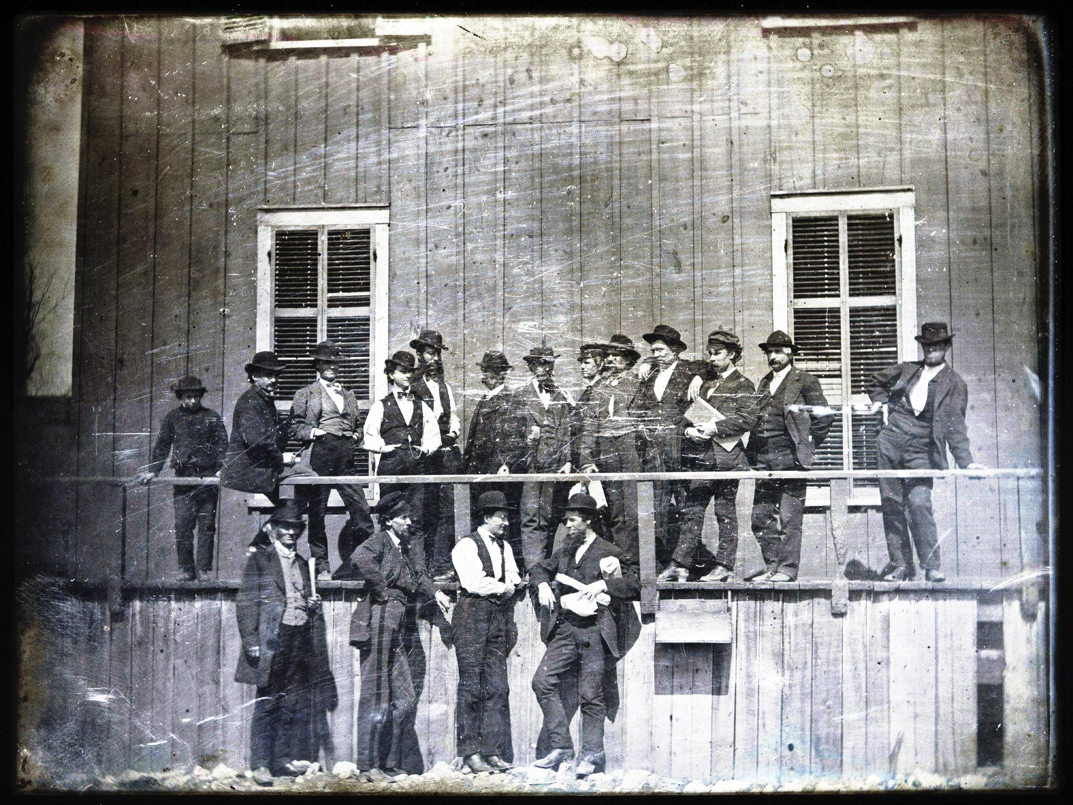 A group of men posing in front of Lynchs Slave Market, St. Louis, Missouri, 1852