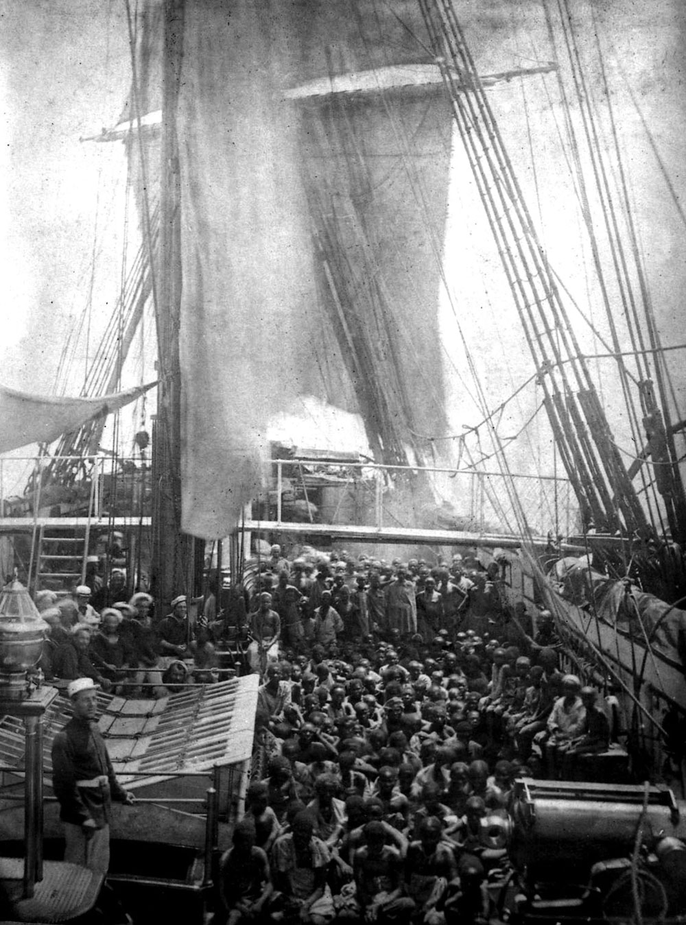 Rescued east African slaves aboard HMS Daphne, a British Royal Navy vessel involved in anti-slave trade activities in the Indian Ocean