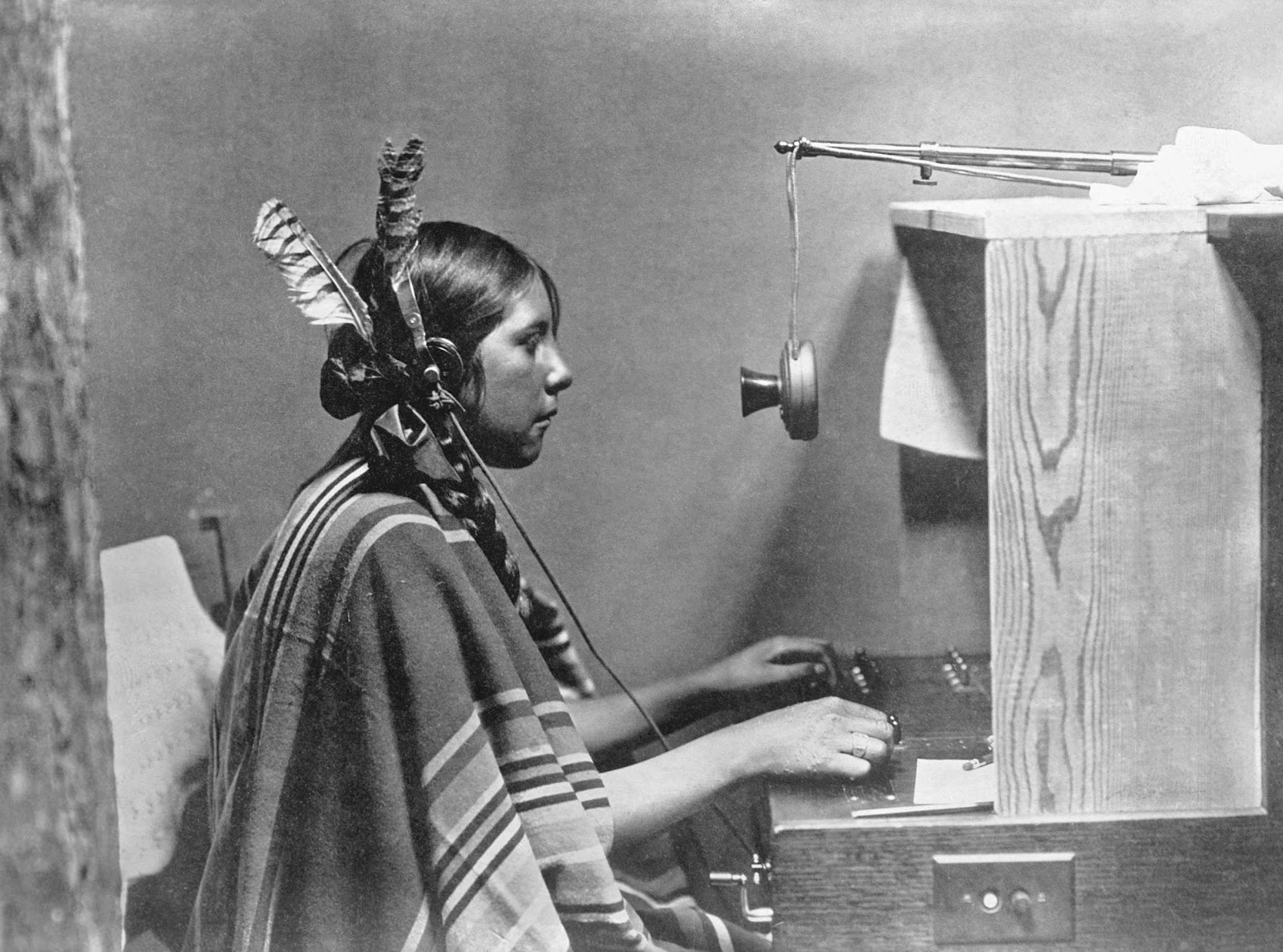 Native American telephone switchboard operator, Helen of Many Glacier Hotel, June 1925