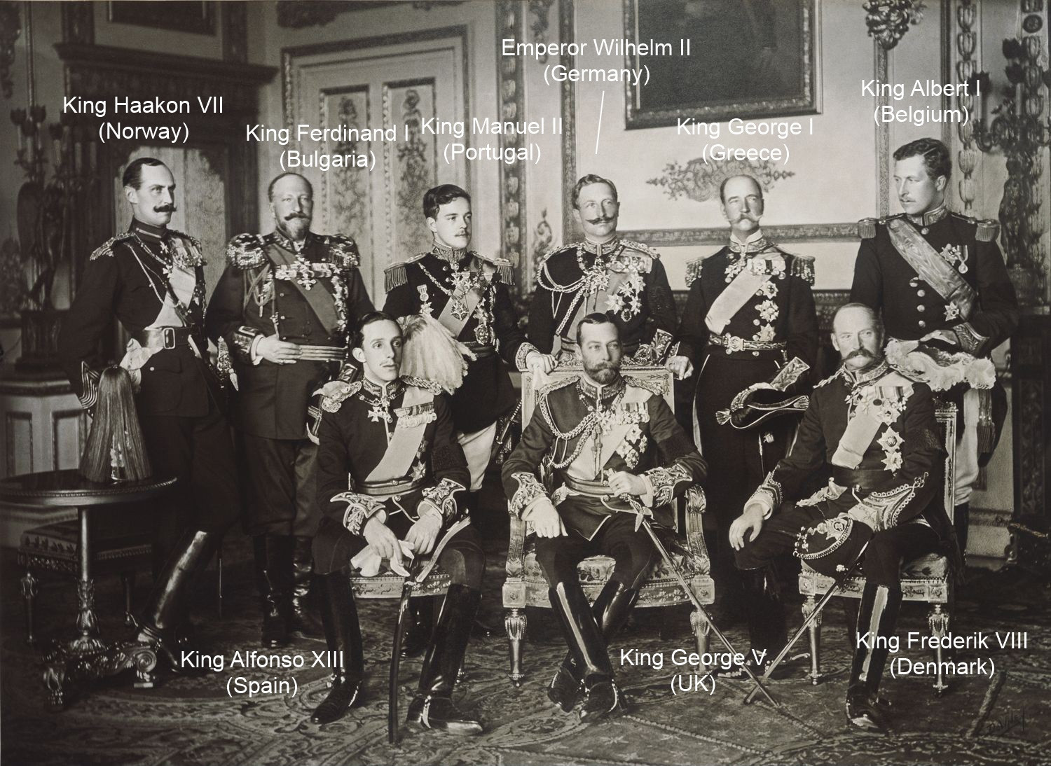The nine European Monarchs who attended the funeral of Edward VII, photographed at Windsor Castle on 20 May 1910