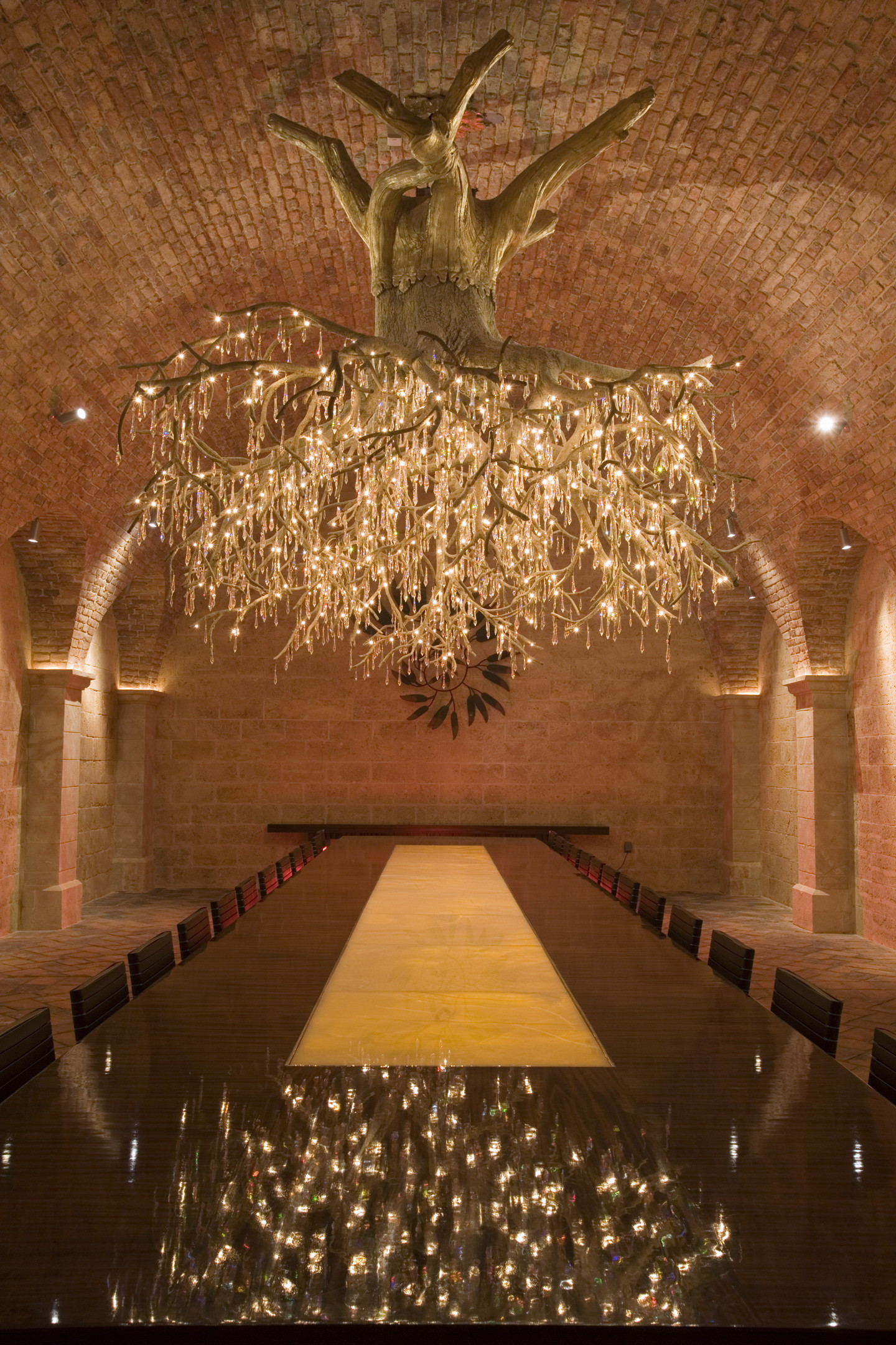 Tasting room at a California winery complete with grapevine root chandelier