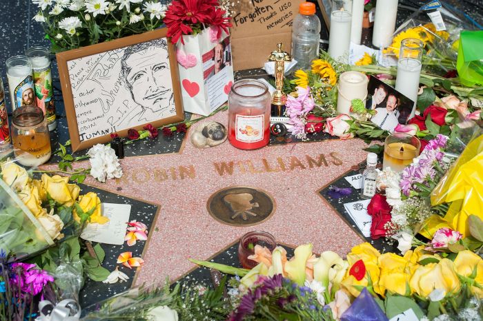 Flowers were placed on Robin Williams Hollywood Walk of Fame star on Aug. 12 in Los Angeles, California.