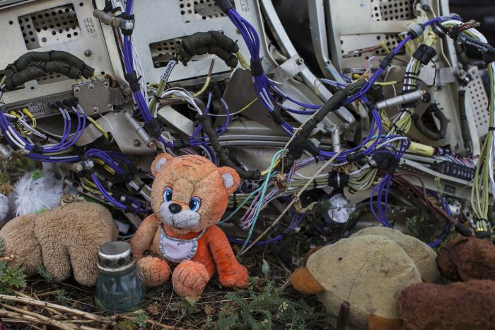 A teddy bear is found next to the wreckage at the site of the downed Malaysia Airlines 17 in eastern Ukraines Donetsk region