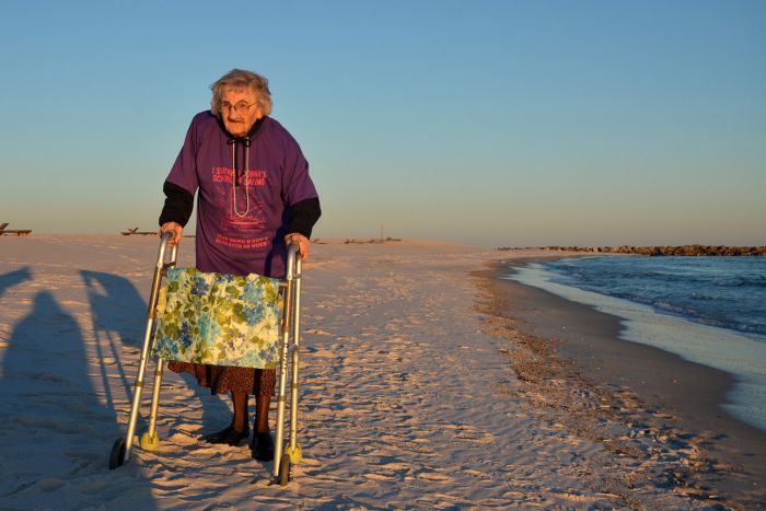 Ruby Holt, 100, of Columbia, Tennessee, visited the beach for the first time in her life this week in at the Perdido Beach Resort in Orange Beach, Alabama on Nov. 19.