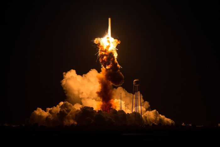 The Orbital Sciences Corporation Antares rocket, with the Cygnus spacecraft on board suffers a catastrophic anomaly moments after launch from the Mid-Atlantic Regional Spaceport Pad 0A at NASA Wallops Flight Facility on Oct. 28 on Wallops Island, Virginia.