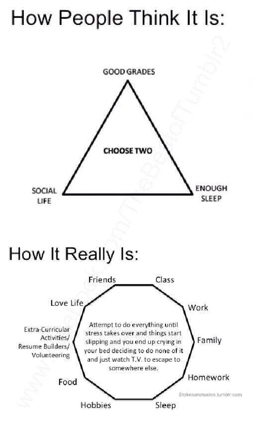 college life triangle - How People Think It Is Good Grades Choose Two Social Life Enough Sleep How It Really is Friends Class Love Life Work ExtraCurricular Activities Resume Builders Volunteering Family Attempt to do everything until stress takes over an