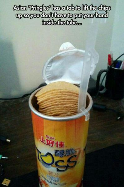 useful inventions - Asian Pringles" has a tab to lift the chips up so you don't have to put your hand inside the tube... Re Pigno