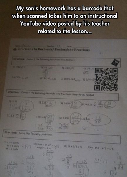 handwriting - My son's homework has a barcode that when scanned takes him to an instructional YouTube video posted by his teacher related to the lesson... Practions to DecimalsDecimals to Fractions 11201 711001.000 10220, m2 1202 Direction solve the ing p