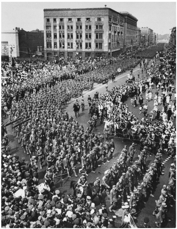 To demonstrate the superiority of the Red Army, 57.000 German prisoners of war are herded through downtown Moscow, July 1944