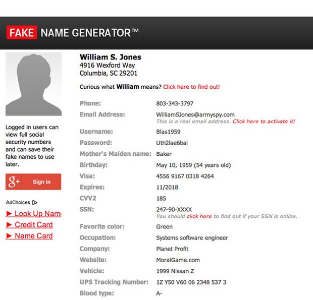<a href="http://www.fakenamegenerator.com/" target="_blank">Fake Name Generator</a> - A funny random generator of fake identities.