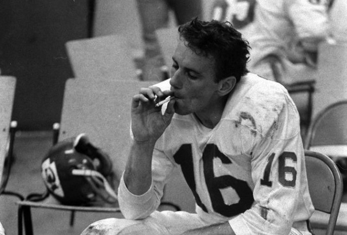 Halftime at Super Bowl I (Kansas City Chiefs’ Quarterback Len Dawson. He would later win Super Bowl IV in 1970 and be named MVP. Diagnosed with cancer in 1991 but still alive – he’s 78 now.)