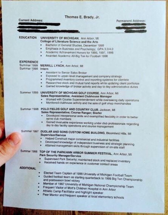 Tom Brady posts his resume online: “Found my old resume! Really thought I was going to need this after the 5th round