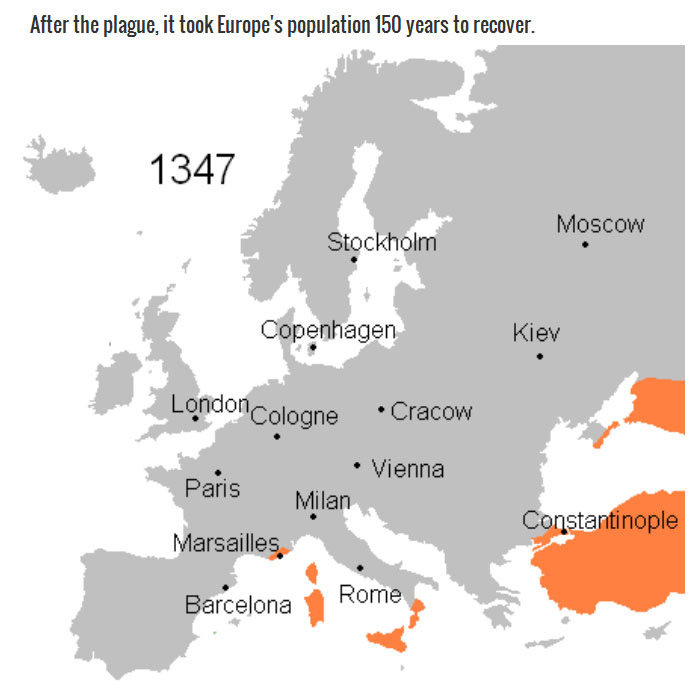 black death map - After the plague, it took Europe's population 150 years to recover. 1347 Moscow Stockholm Stockholm Moscow Copenhagen Kiev London Cologne Cracow Vienna Paris Milan Constantinople Marsailles, Rome Barcelona