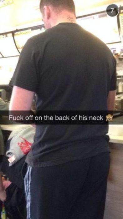 t shirt - Fuck off on the back of his neck