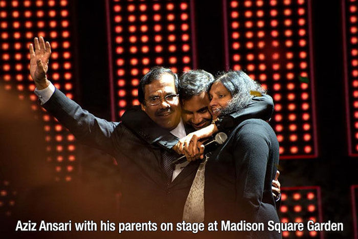performance - Aziz Ansari with his parents on stage at Madison Square Garden