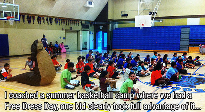 I coached a summer basketball campiwhere we had a Free Dress Day, one kid clearly took full advantage of it.co