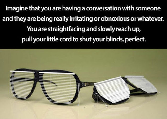 blinds glasses - Imagine that you are having a conversation with someone and they are being really irritating or obnoxious or whatever. You are straightfacing and slowly reach up, pull your little cord to shut your blinds, perfect.
