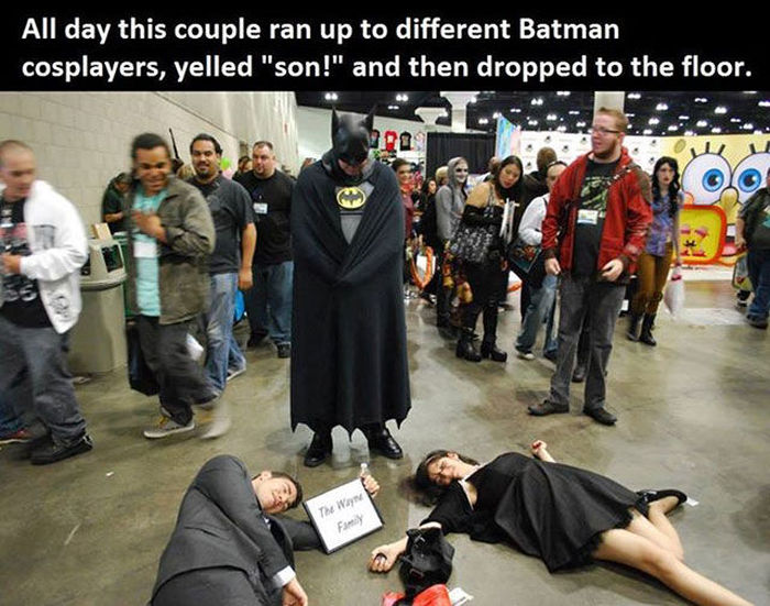 wayne family cosplay - All day this couple ran up to different Batman cosplayers, yelled "son!" and then dropped to the floor. 202 The Wayne Fm