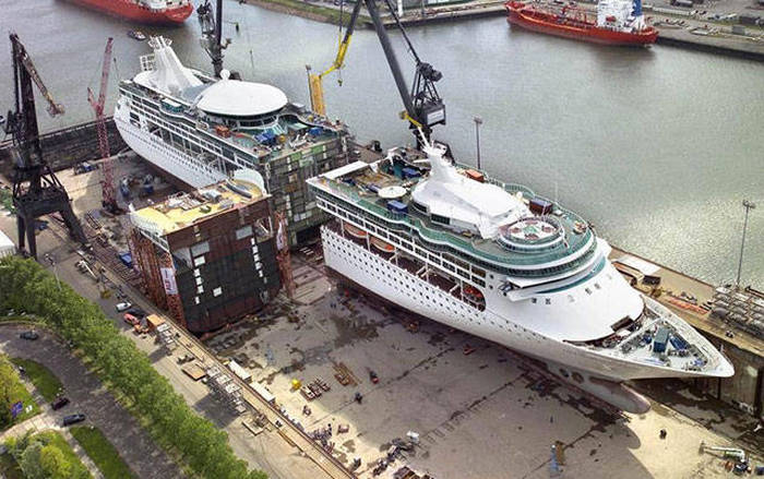 Cruise ship Enchantment of the Seas being lengthened 75′ by adding new midsection