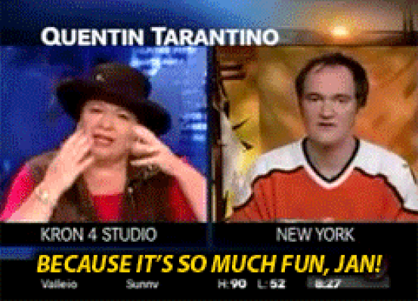 In a 2003 interview about Kill Bill Vol:1, things got loud when the interviewer Jan asked him about his stance on the movie being blamed for inspiring killing sprees. She became increasingly agitated with his opinion and began to make fun of him. When she bellowed out “Why the need for such gruesome, graphic violence?!” Tarantino responded, “Because-it’s-so-much-fun, JAN! GET IT!?”