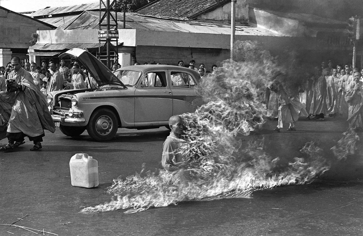 June 11, 1963, Thich Quang Duc, a Buddhist monk from Vietnam, burned himself to death at a busy intersection in downtown Saigon to bring attention to the repressive policies of the Catholic Diem regime that controlled the South Vietnamese government at the time. Buddhist monks asked the regime to lift its ban on flying the traditional Buddhist flag, to grant Buddhism the same rights as Catholicism, to stop detaining Buddhists and to give Buddhist monks and nuns the right to practice and spread their religion. While burning Thich Quang Duc never moved a muscle.
