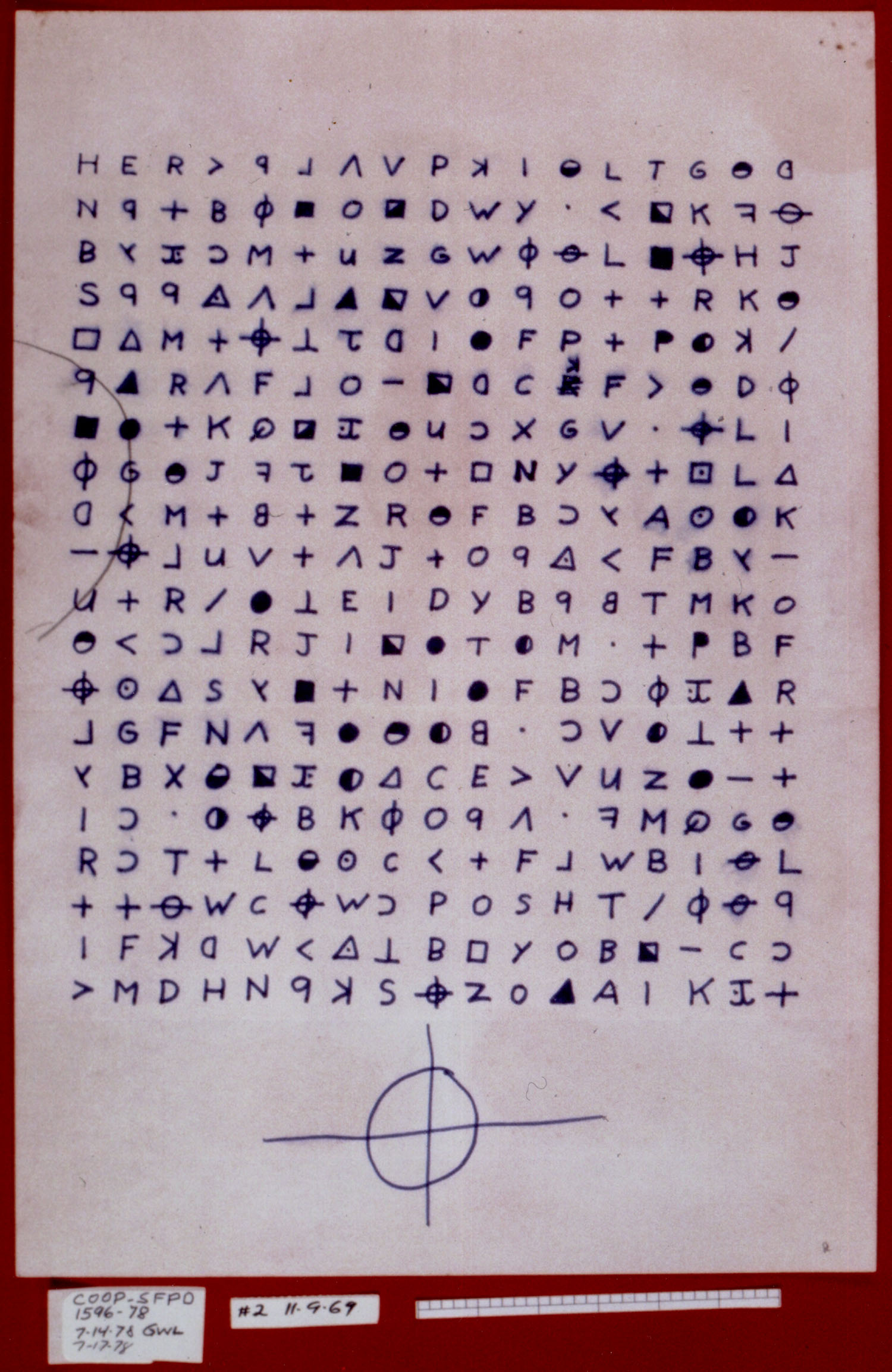 The Zodiac Killer’s 340-symbol cipher from Nov. 8, 1969

The Zodiac Killer was a serial killer who operated in northern California in the late 1960s and early 1970s. The killer’s identity remains unknown. The Zodiac murdered victims in Benicia, Vallejo, Lake Berryessa, and San Francisco between December 1968 and October 1969. Four men and three women between the ages of 16 and 29 were targeted. The killer originated the name “Zodiac” in a series of taunting letters sent to the local Bay Area press. These letters included four cryptograms (or ciphers). Of the four cryptograms sent, only one has been definitively solved.