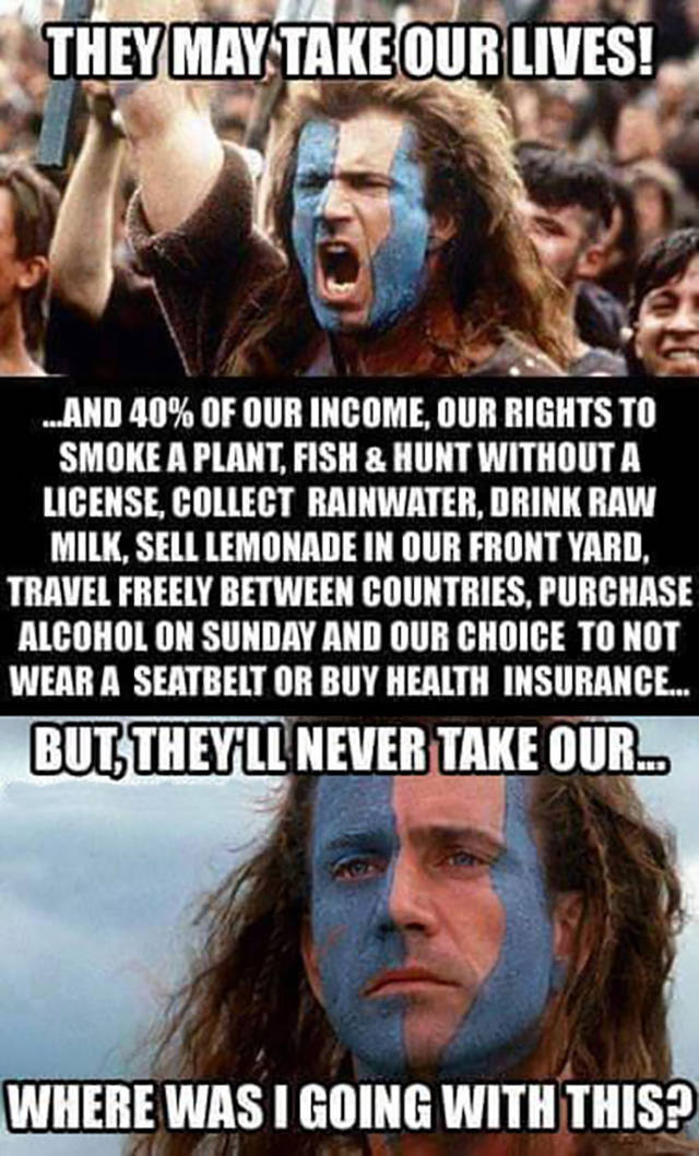 funny braveheart memes - They May Take Our Lives! ...And 40% Of Our Income, Our Rights To Smoke A Plant, Fish & Hunt Without A License, Collect Rainwater, Drink Raw Milk, Sell Lemonade In Our Front Yard. Travel Freely Between Countries, Purchase Alcohol O