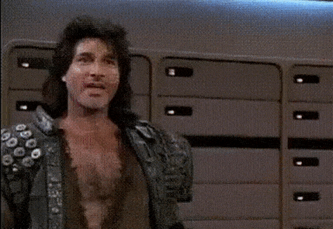 Combined GIF of Patrick Steward acting gay as Jean Luc Picard and someone reacting