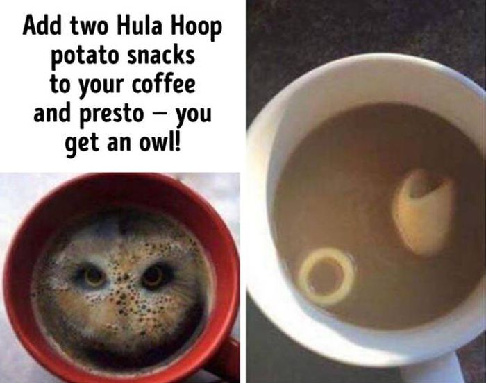 coffee cup - Add two Hula Hoop potato snacks to your coffee and presto you get an owl!