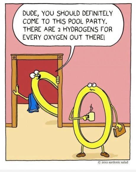 science cartoon joke - Dude, You Should Definitely Come To This Pool Party. There Are 2 Hydrogens For Every Oxygen Out There! 2011 sardonic salad