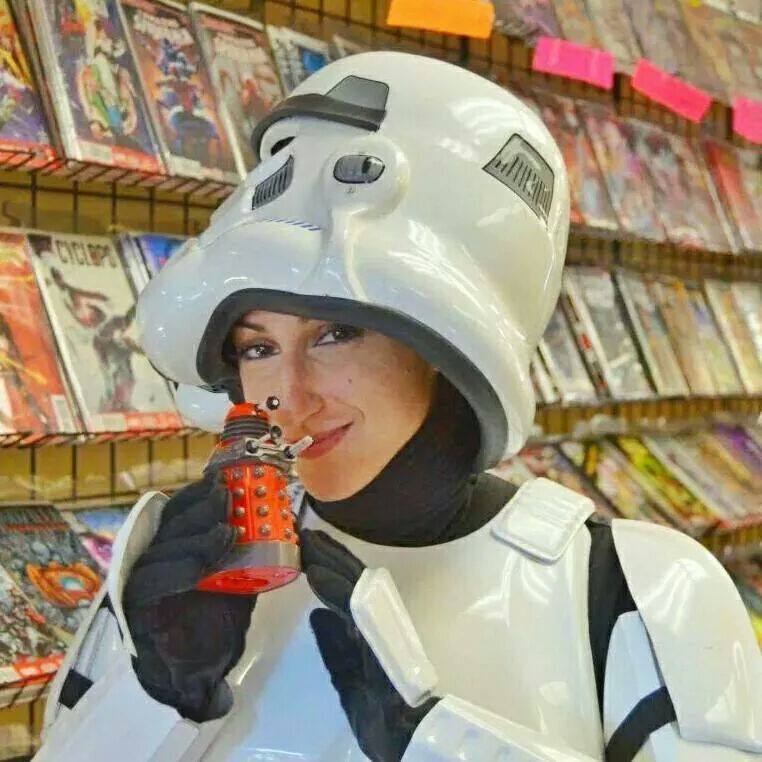 Apparently, this cutie trooper is not sure if Star Wars is better than Doctor Who.