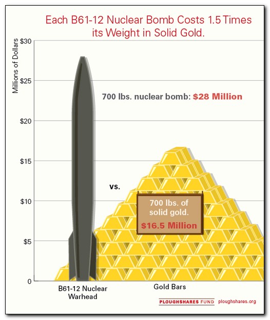 nuclear warhead cost - Each 6112 Nuclear Bomb Costs 1.5 Times its Weight in Solid Gold. Millions of Dollars 700 lbs. nuclear bomb $28 Million 700 lbs. of solid gold. $16.5 Million Gold Bars B6112 Nuclear Warhead Plough Fund plough.org
