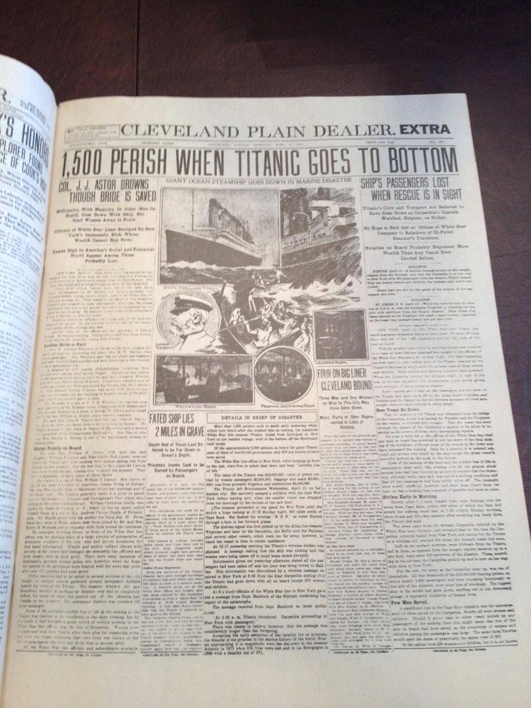 newspaper - pen Cleveland Plain Dealer. Extra 1.500 Perish When Titanic Goes To Bottom L Astor Drowns Though Bride Is Saved Giant Ochan Strampoors Down In Marine Disaster Ships Passengers Lost When Rescue Is In Sight Wimm www Wars Yet whe Wealthy Tica Dar