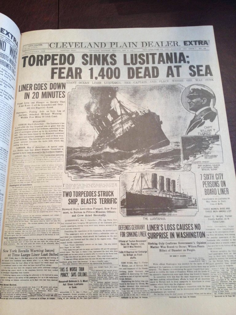 newspaper - Mus Power Cleveland Plain Dealer. Extra Torpedo Sinks Lusitania Fear 1.400 Dead At Sea Liner Goes Down Own Giant Ocean Liner Lusitania. The Captain And Place Where She Was Sunk In 20 Minute a Listen on Duickly That Can't be see and Only 600 Ar