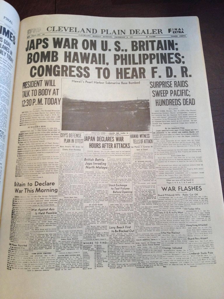 pearl harbor newspaper front page - S Goal Alto Cleveland Plain Dealer F Extra Japs War On U.S. Britain; Bomb Hawaii. Philippines Congress To Hear F. D. R. Resident Will Surprise Raids Talk To Body At Sweep Pacific; P.M. Today Hundreds Dead Vox One har th