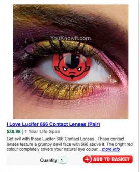 weird contact lenses - YouKnowit.com I Love Lucifer 666 Contact Lenses Pair $30.98 1 Year Life Span Get evil with these Lucifer 666 Contact Lenses. These contact lenses feature a grumpy devil face with 666 above it. The bright red colour completely covers