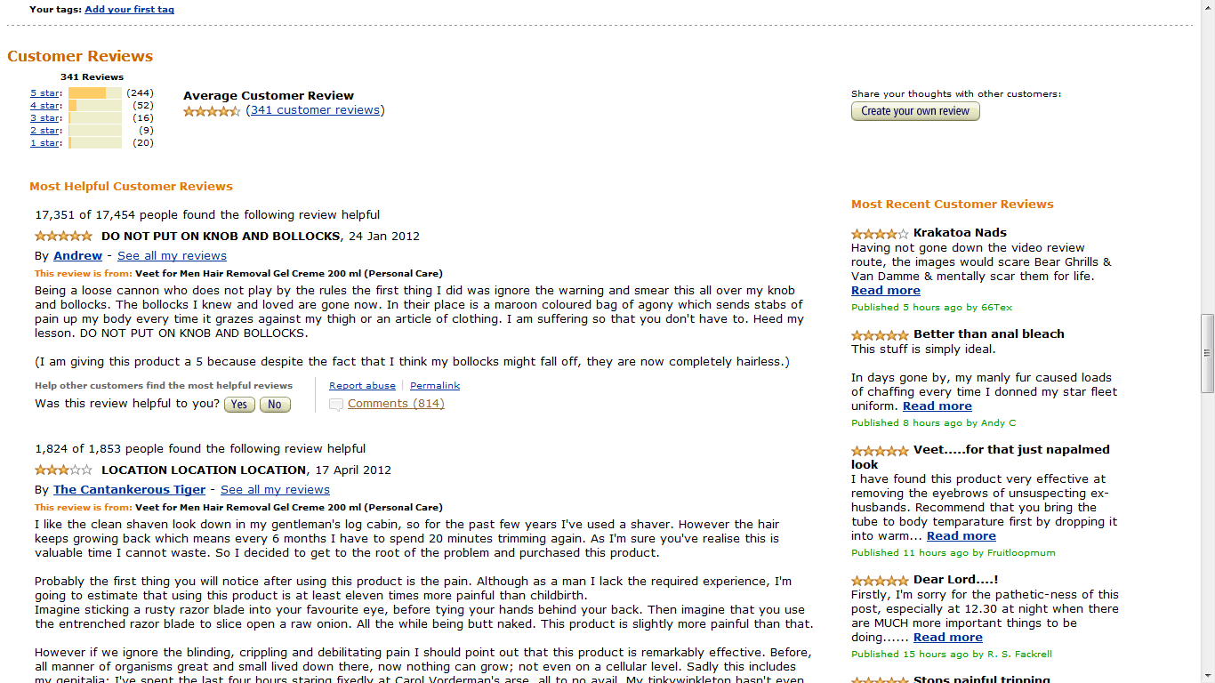 A top class review by 'Andrew' on Amazon for Veet for Men Hair Removal Gel Creme 200 ml...