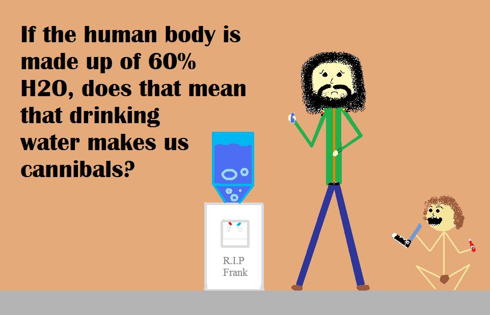 If the human body is made up of 60 H2O, does that mean that drinking water makes us cannibals?