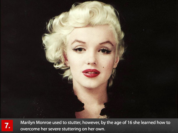 marilyn monroe - 7. Marilyn Monroe used to stutter, however, by the age of 16 she learned how to overcome her severe stuttering on her own.