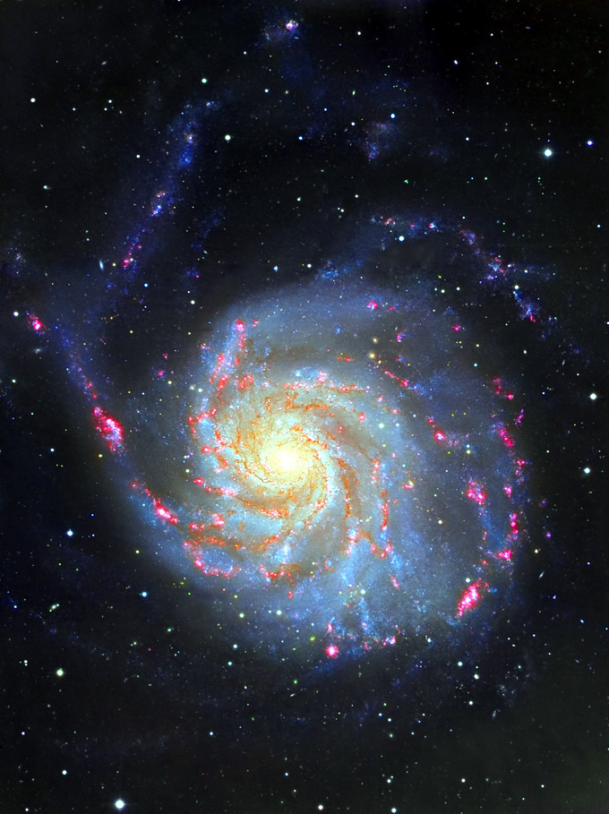 Spiral galaxies are among the most beautiful objects in the sky, and one of the most beautiful of them is M101, also known as the Pinwheel Galaxy. It's a reliable favorite among amateur astronomers because it is big, bright, and located near the north pole of the sky, so it's easy to find for a big part of the year.