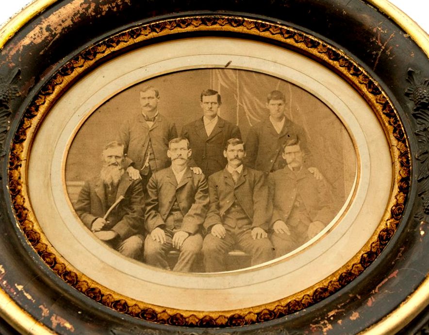 A unique photograph of Wyatt Earp and his family, taken in Dodge City in 1875. Shown here are the legendary lawman with his father, Nicholas, and brothers Morgan, Virgil, James, Warren, and a half brother, Newton. It is, according to the auctioneers, "the only photographic record of the male portion of the Earp clan known to exist.