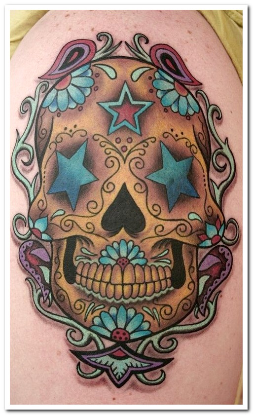 sugar skull with stars tattoo - a