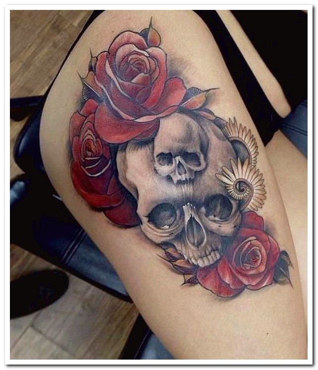 flower on skull tattoo