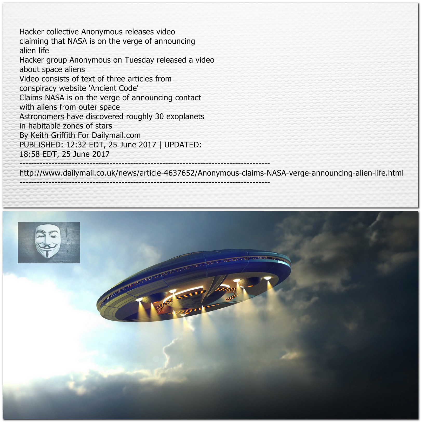 Hacker collective Anonymous releases video claiming that NASA is on the verge of announcing alien life
Hacker group Anonymous on Tuesday released a video about space aliens
Video consists of text of three articles from conspiracy website 'Ancient Code'
Claims NASA is on the verge of announcing contact with aliens from outer space