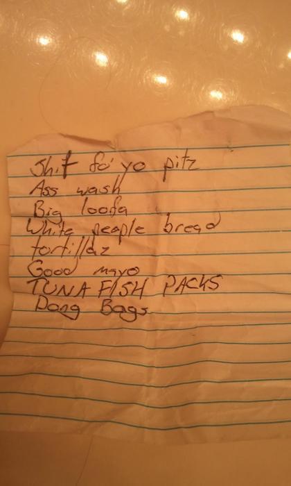 My friend found this shopping list at a Walmart.  I hope they did not forget to purchase dong bags.
