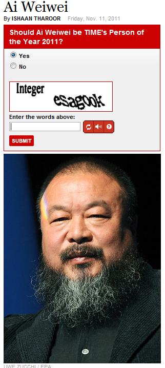 Character recognition for voting Time's person of the year had "gook" in it for Ai Wei Wei. Racial sensitivity fail.