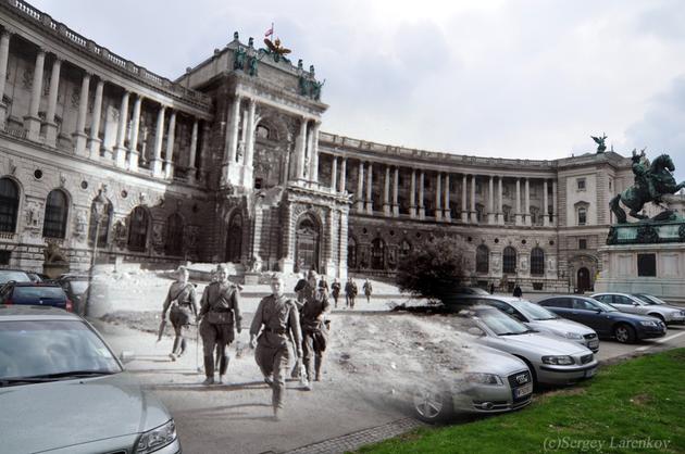 Vienna 1945. Soviet soldiers walking near the Imperial Palace Hoffburg.
